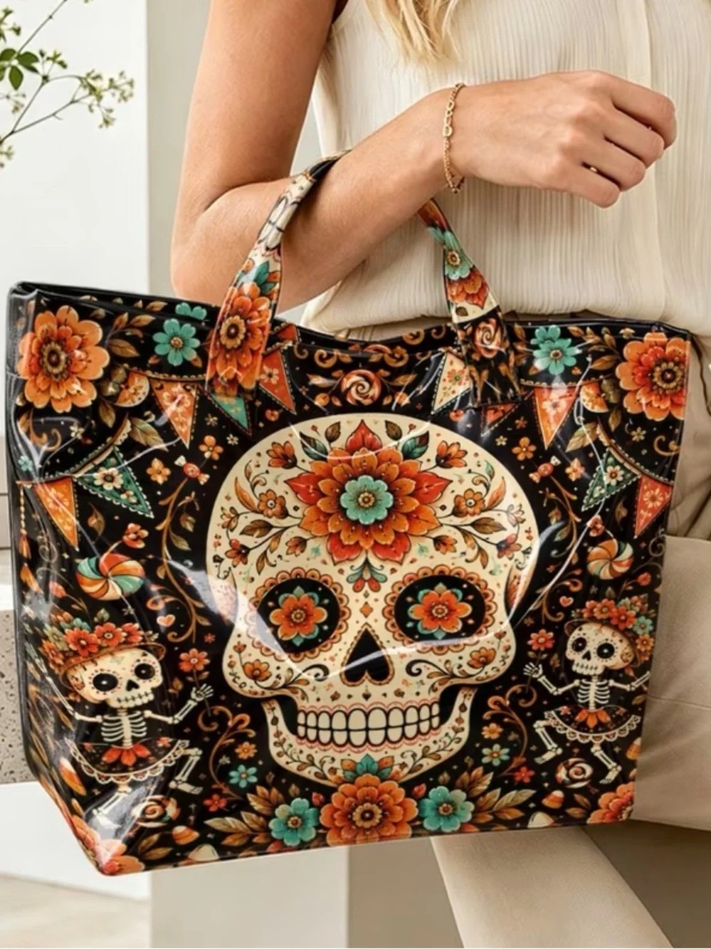 Day of the Dead Floral Skull Tote Bag